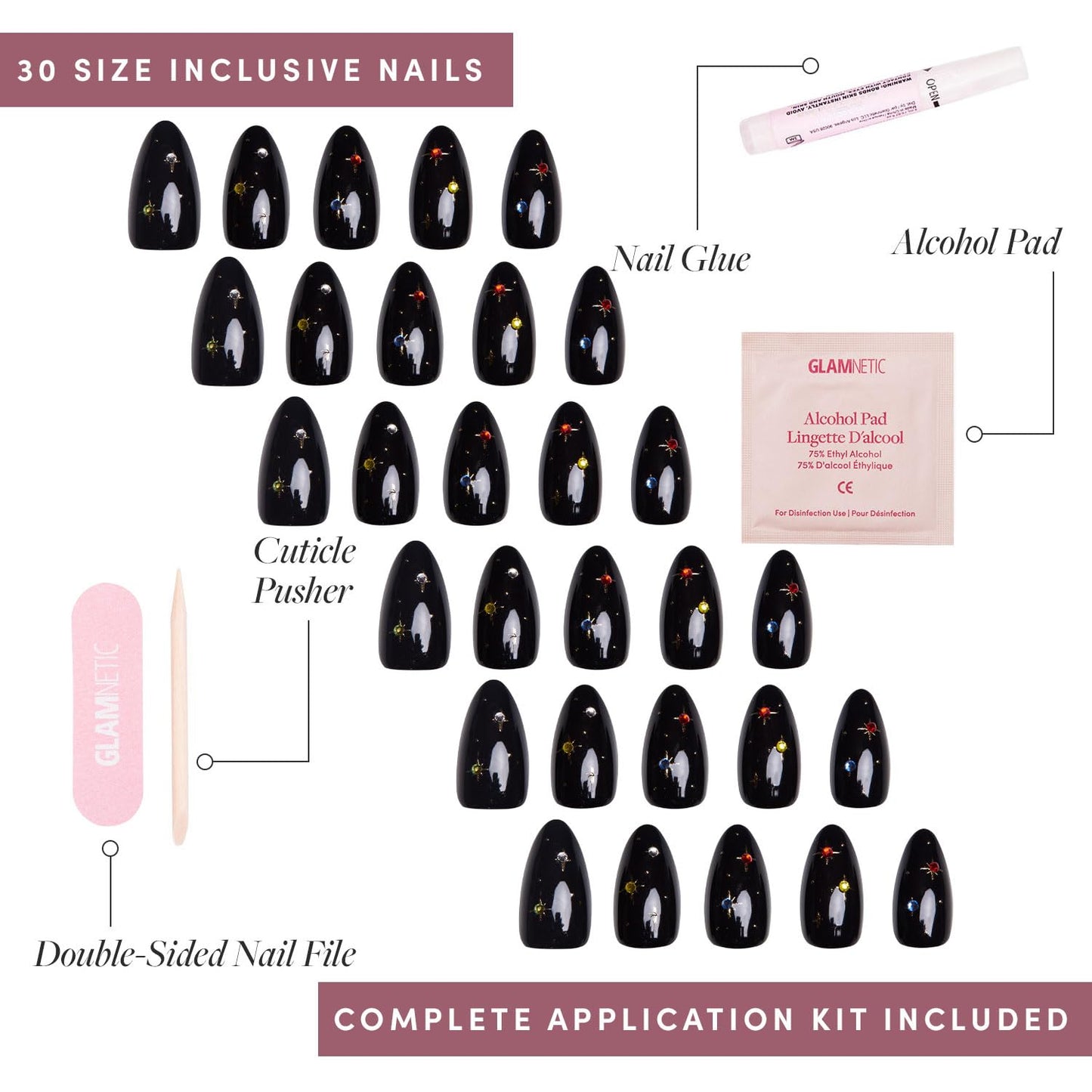 Glamnetic Press On Nails - Winter Comet | Glossy, Opaque, Short Almond Nails, Salon Quality | 15 Sizes - 30 Nail Kit with Glue