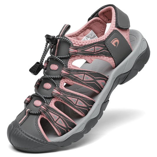 Dannto Women's Sport Hiking Sandals Closed Toe Outdoor Athletic Walking Sandal Lightweight Summer Water Shoes Grey and Pink Size 8.5