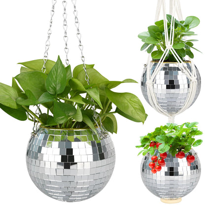 FGBNM 4"/6"/8"/9"/10" Disco Ball Planter, Disco Ball Plant Hanger with Hanging Rope, Hanging Chain, Hook, Circle and Extra Mirror Pieces (6" Silver, 1pcs)