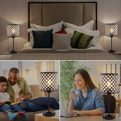 Crystal Touch Control Table Lamp with 2 USB Charging Ports, 3-Way Dimmable Black Crystal Table Bedside Lamp Nightstand Desk Light for Bedroom, Girls Guest Room, Living Room, Bulbs Included