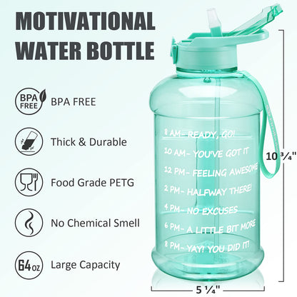 Fimibuke Half Gallon Water Bottle with Sleeve 64 OZ Water Bottle with Handle & Straw Leakproof Motivational Sports Gym Water Bottle with Time Marker Water Jug with Neoprene Holder - Floral Bloom