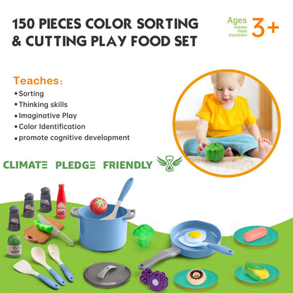 150Pcs Kitchen Playset, Toddlers Pretend Cooking Cookware Accessories, Food, Picnic Blanket, Fruits, Veges, 2Pack Shopping Storage Basket, Dessert and Prop Money, Gift for Kids (Blue)