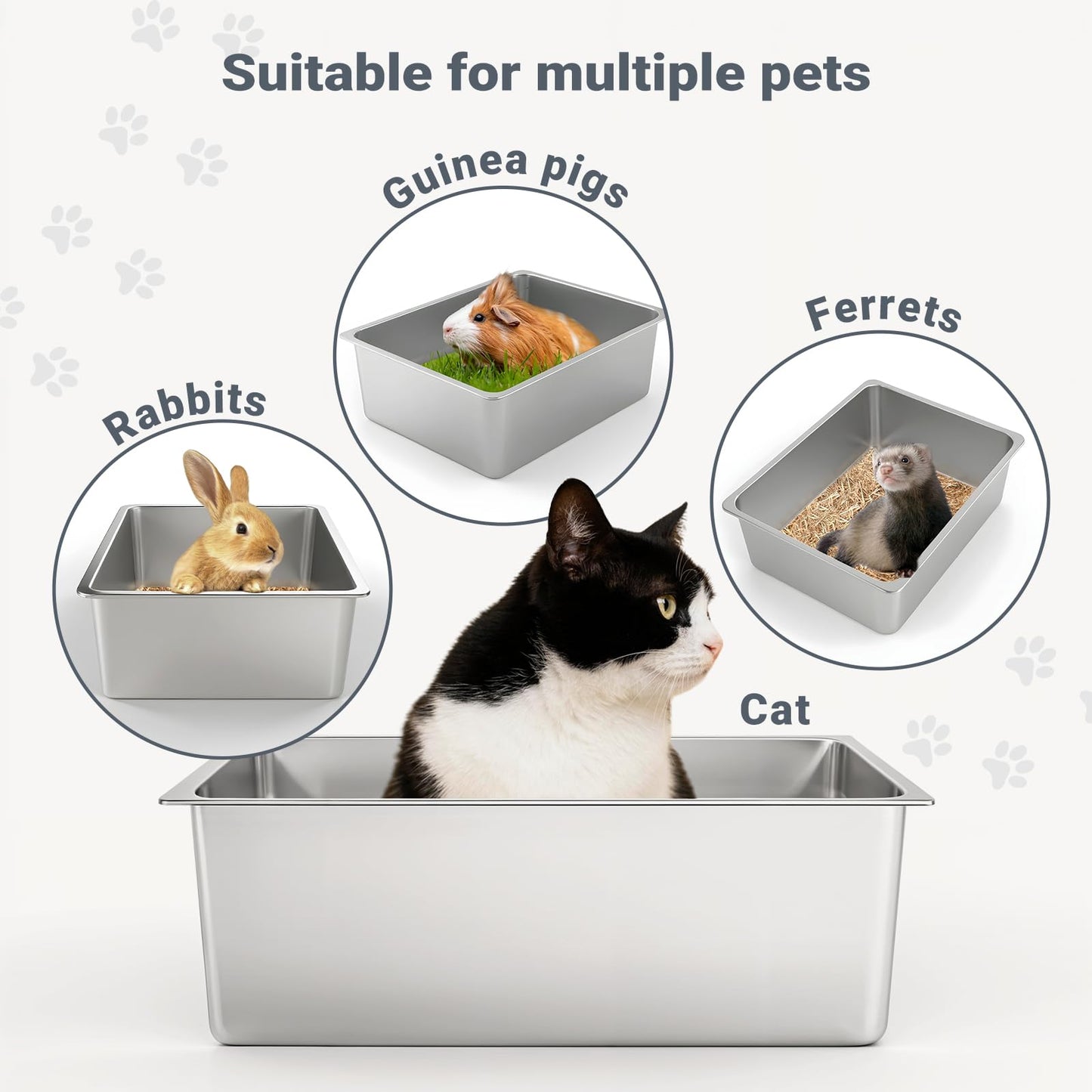 Kirecoo Stainless Steel Cat Litter Box - Metal High Sided Cat Pan, Large Stainless Steel Box, Indoor Litter Tray, Non Stick, No Smell, Easy to Clean, Pet Toilet Supplies for Kitten, Kitty, Rabbit
