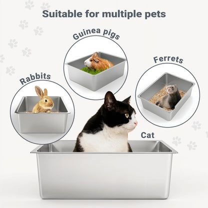 Kirecoo Stainless Steel Cat Litter Box - Metal High Sided Cat Pan, Large Stainless Steel Box, Indoor Litter Tray, Non Stick, No Smell, Easy to Clean, Pet Toilet Supplies for Kitten, Kitty, Rabbit