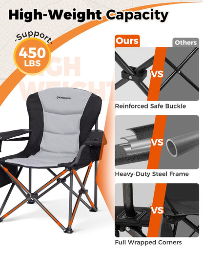 KingCamp Oversized Camping Folding Chair, Heavy Duty 450 LBS with Lumbar Support, Padded seat with Cup Holder&Cooler Bag, Ideal for Camp, Fishing, Sports Event, Backyard, Patio, Lawn (Black/Grey)