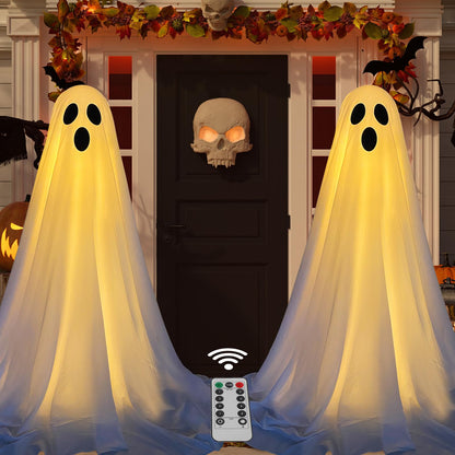DAZONGE 2 Packs Halloween Decorations Outdoor, Spooky Halloween Ghost Decor with Remote String Lights Battery Operated, Easy to Assemble Ghost Decorations for Front Porch Yard