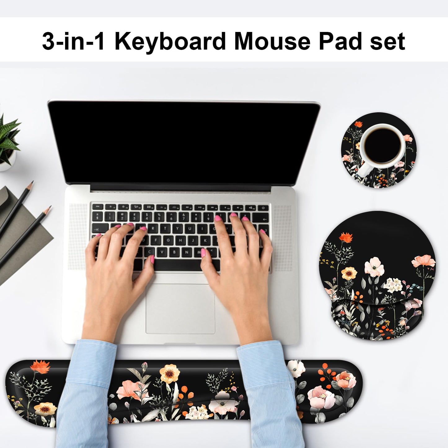 G JGOO Mouse Pad with Wrist Rest and Keyboard Wrist Rest Set, Wrist Rest for Computer Keyboard Memory Foam Pain Relief with Non Slip Rubber Base for Office, Gaming, Computer, Laptop, Garden Flower