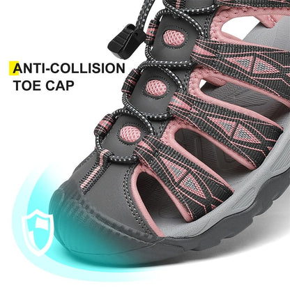 Dannto Women's Sport Hiking Sandals Closed Toe Outdoor Athletic Walking Sandal Lightweight Summer Water Shoes Grey and Pink Size 8.5