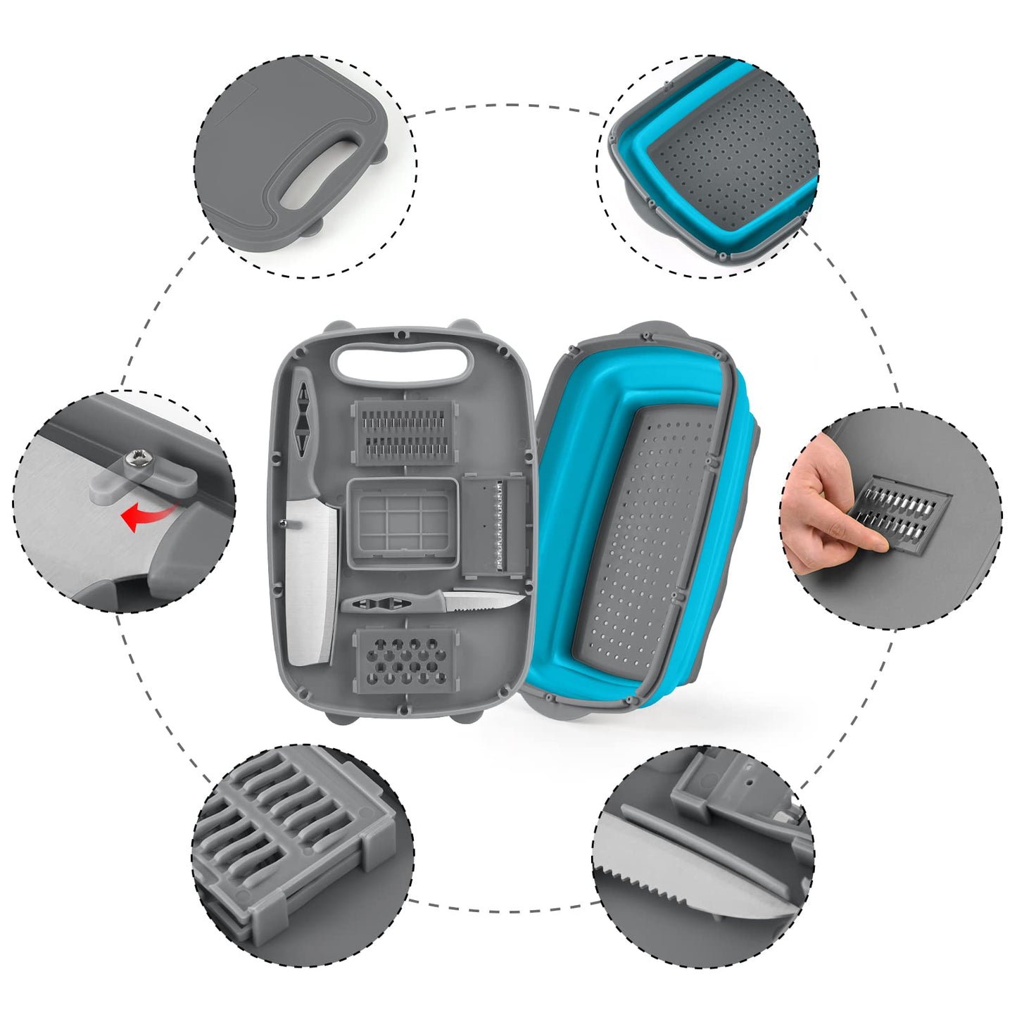 Gintan Camping Cutting Board, 9-in-1 Collapsible Chopping Board with Colander, Kitchen Vegetable Washing Basket for Camping, Camping Gifts Camping Accessories for RV Campers (Blue+Grey)