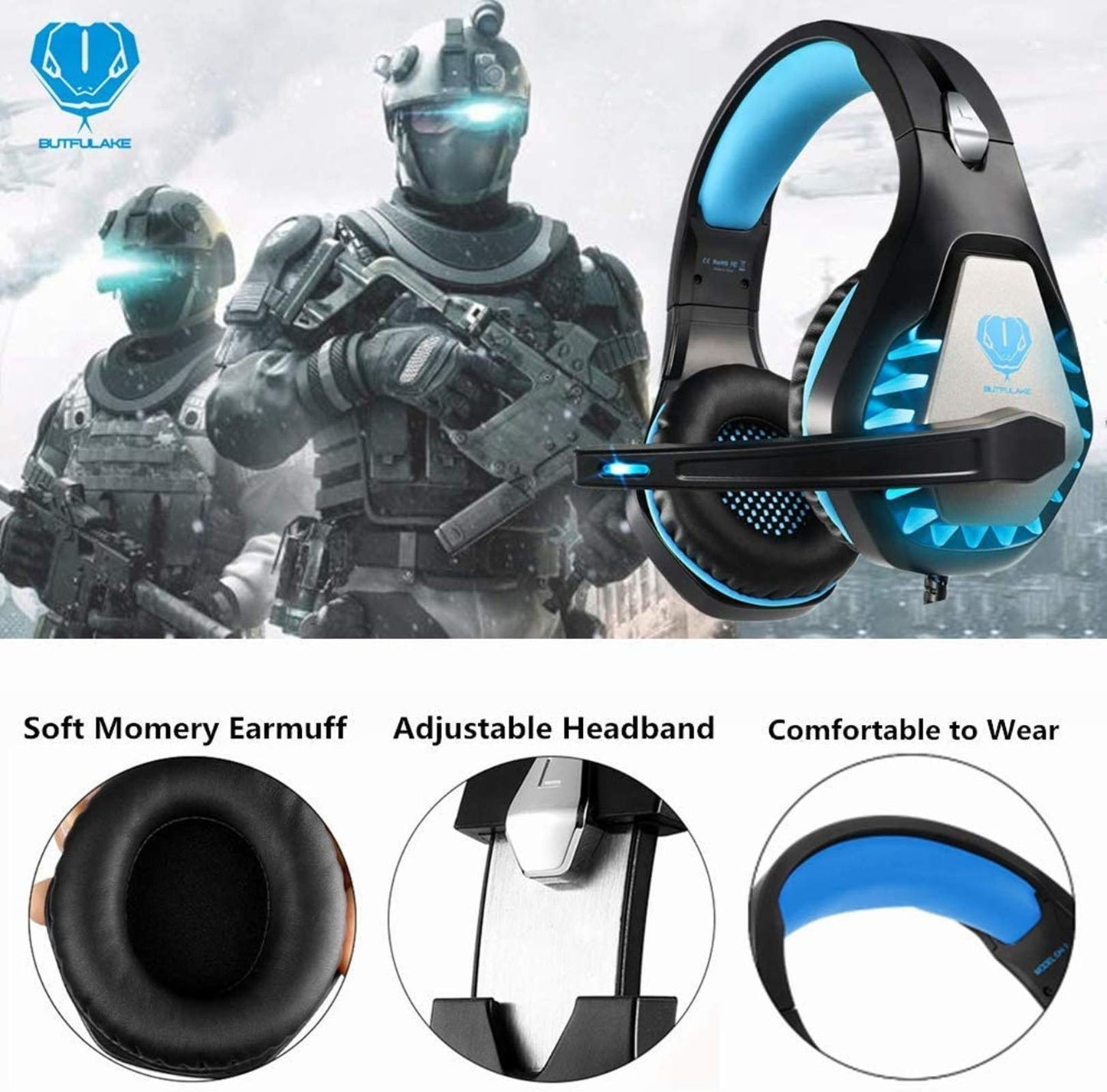 Gaming Headset for PS4, Xbox One, PC, PS5, Laptop, Mac, Nintendo Switch, 3.5MM Noise Cancelling Over Ear Headphones with Mic, Bass Surround, Soft Memory Earmuffs Blue