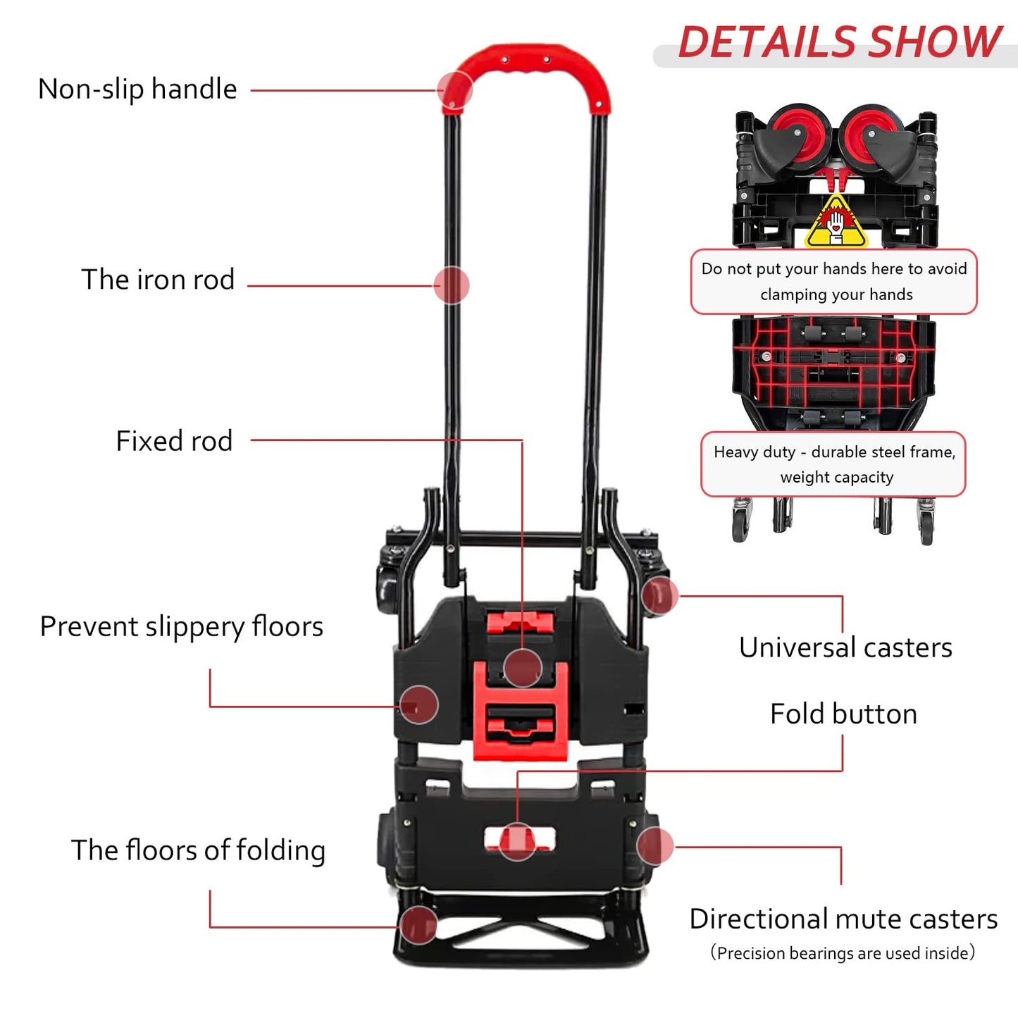 Folding Hand Truck, Portable Dolly Cart with Rubber Wheels and Retractable Handle, 2 in 1 Design 264lbs Capacity Hand Cart Foldable for Transportation/Luggage/Mobile/Travel/Office Use