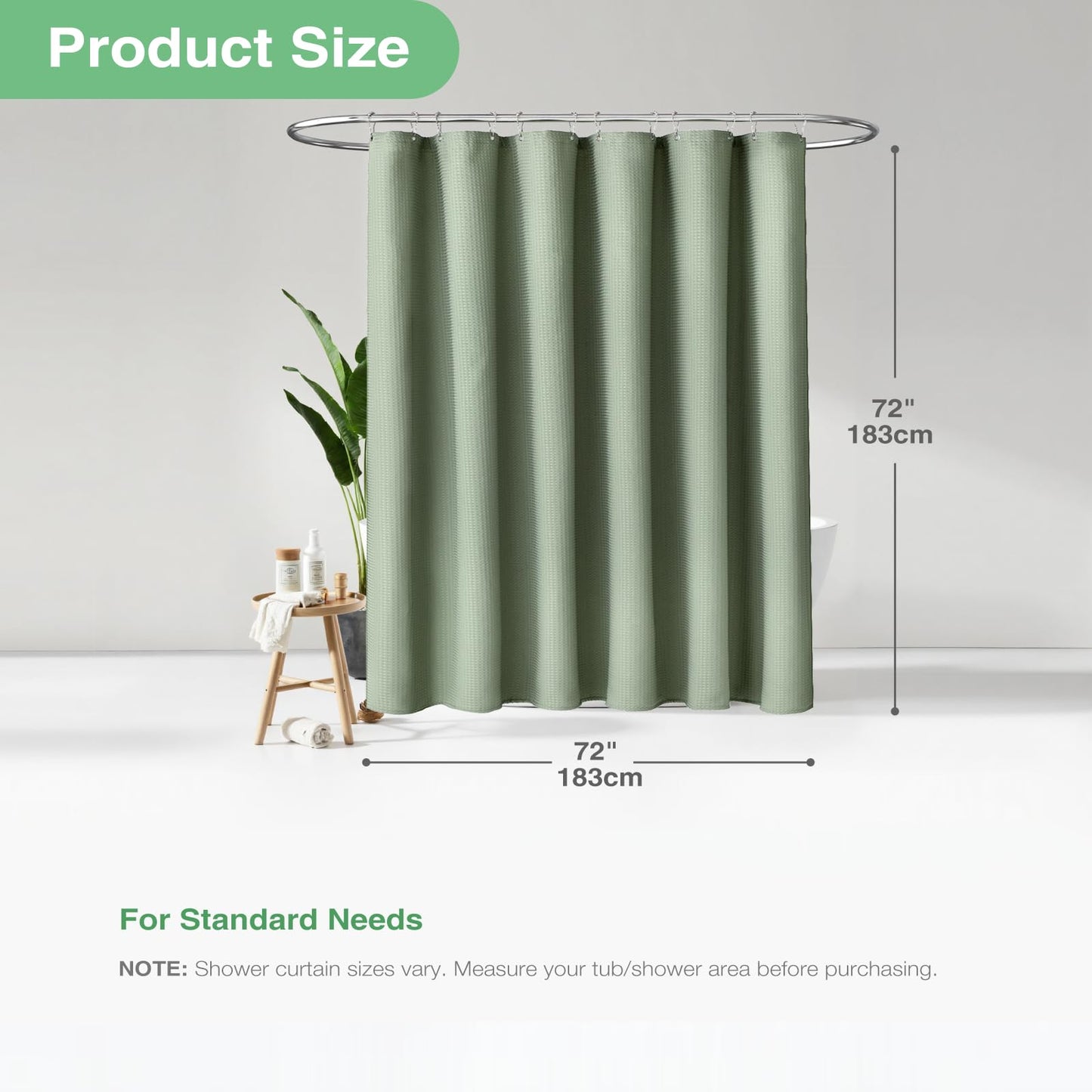 Dynamene Sage Green Shower Curtain - Waffle Textured Heavy Duty Thick Fabric Shower Curtains for Bathroom, 256GSM Luxury Weighted Polyester Cloth Bath Curtain Set with 12 Plastic Hooks，72Wx72H,Green