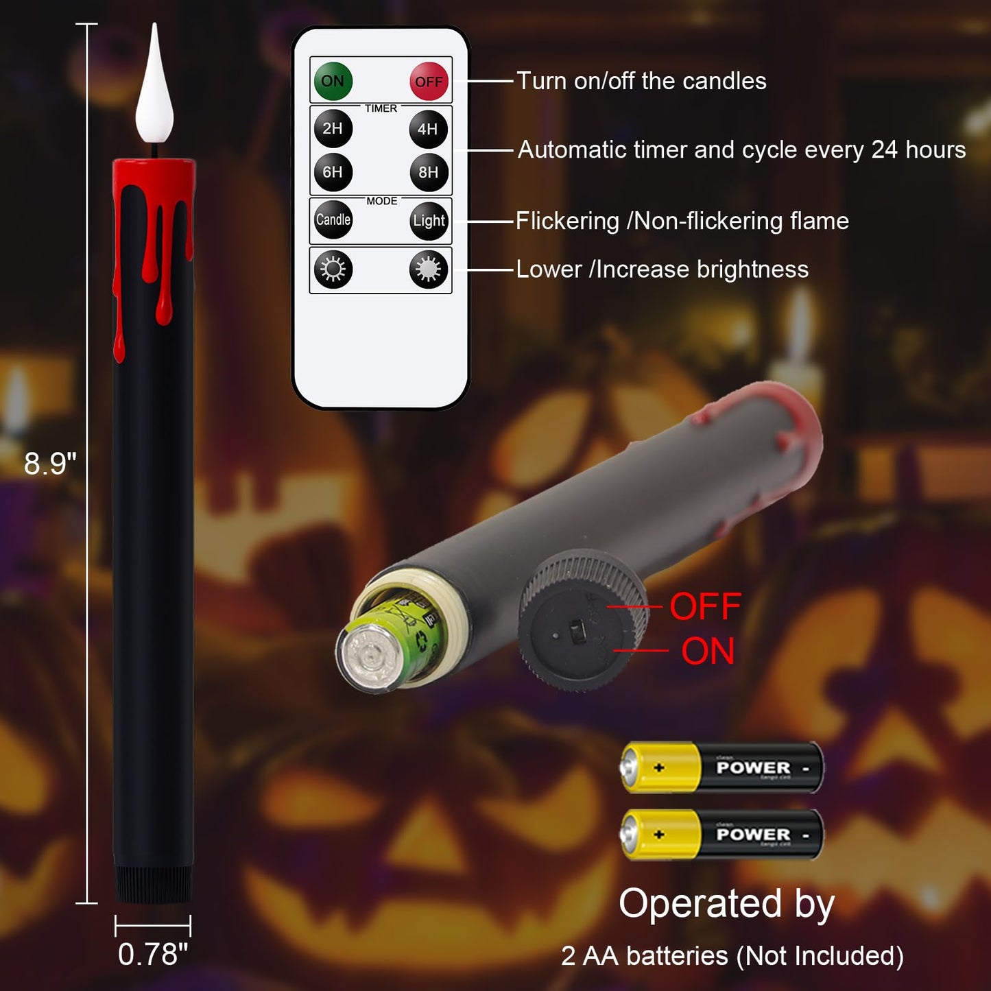 KunSwenn Halloween Black Flameless Taper Candles with Remote Timer, 4 Pcs Red Drip Wax LED Candlesticks with 3D Flickering Flame for Home Fall Indoor Halloween Decor(0.78 x 8.9 Inches)