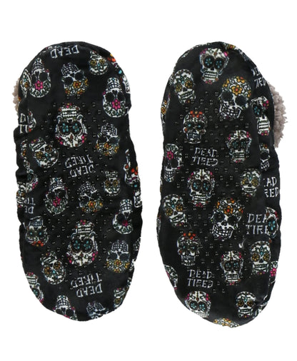 Lazy One Fuzzy Feet Slippers for Women, Cute Fleece-Lined House Slippers, Dead Tired, Sugar Skulls, Halloween, Non-Skid