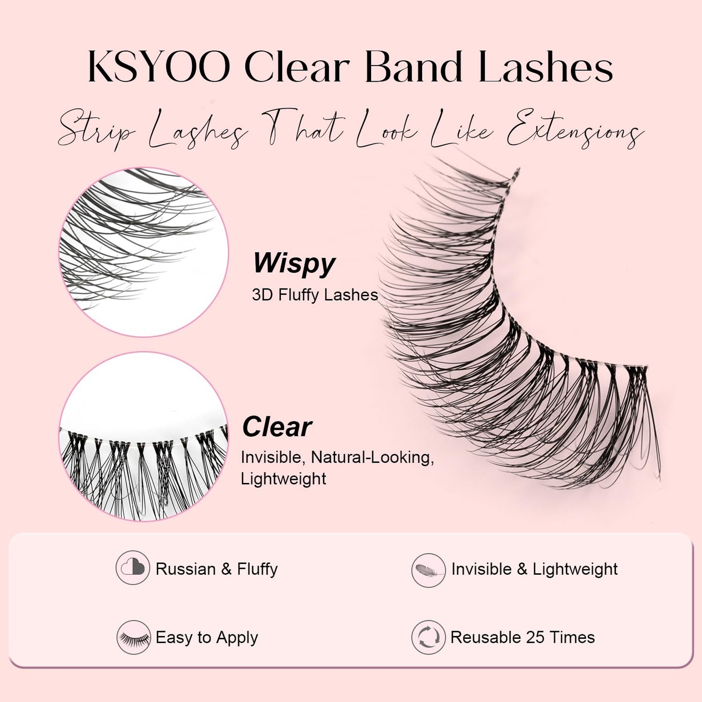 KSYOO Long Natural Lashes with Clear Band Lashes Wispy,10-18mm Cat Eye Lashes D Curl Strip Lashes That Look Like Extensions,3D Natural Fluffy Faux Mink False Eyelashes Natural Look