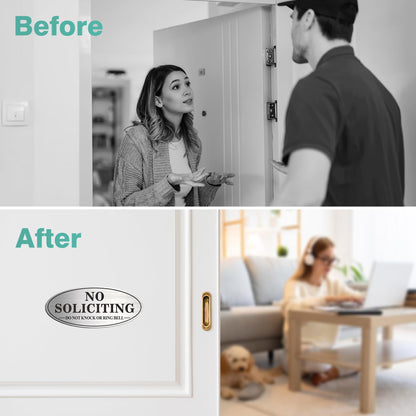 No Soliciting Sign, 2 Pack Self-Adhesive Aluminum Metal No Solitation Do Not Knock or Ring Bell Sign, 7.0 x 3.0 inches Fade Resistang Signs for Office and Home (Brushed Nickel/Black)