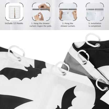 GCIREC Halloween Shower Curtain, Halloween Theme Black and White Bat Bathroom Curtain Halloween Party Decor Waterproof Fabric Machine Washable with 12 Hooks