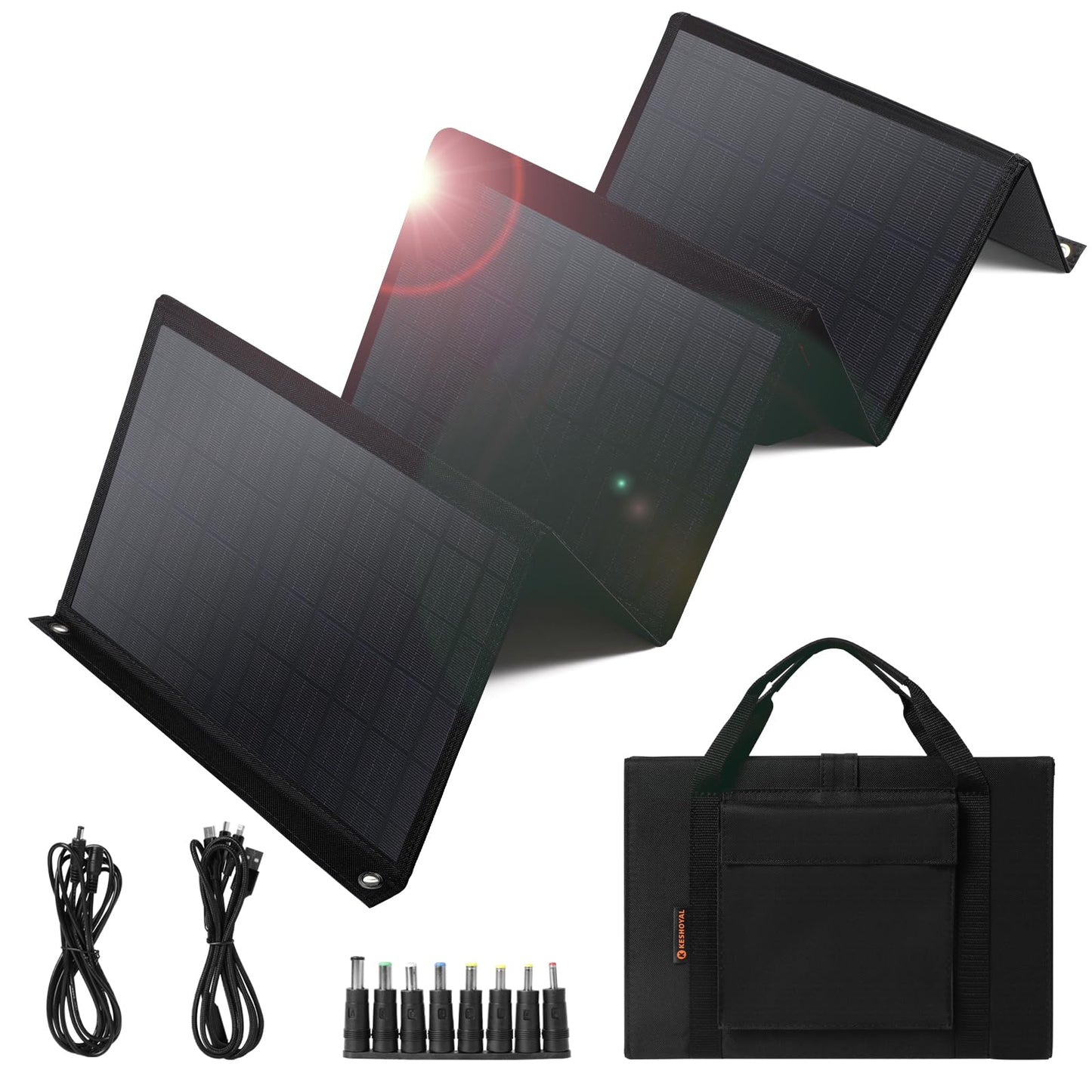 Keshoyal Portable Solar Panel – 60W Foldable Solar Panels with 5V USB and 18V DC for Camping,Cell Phone,Tablet and 5-18V Devices – Compatible with Solar Generators Power Stations