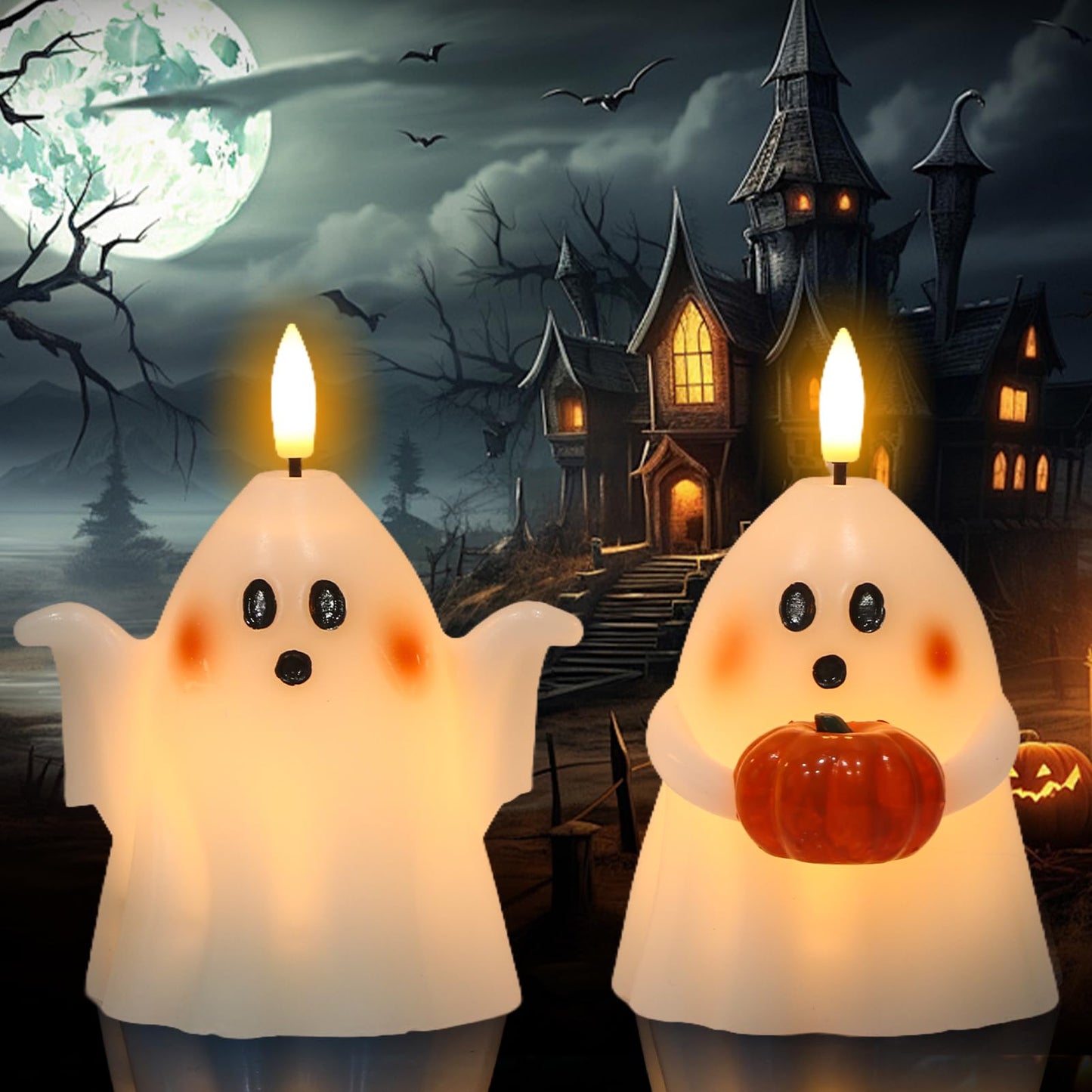 Eldnacele Halloween Ghost Flickering Flameless Candles with 6 Hour Timer, Battery Operated Tea Lights White Spooky Ghost Lights Wax Candles Indoor Fireplace Holiday Decorations Gifts(2Pcs, D3.5×H5)