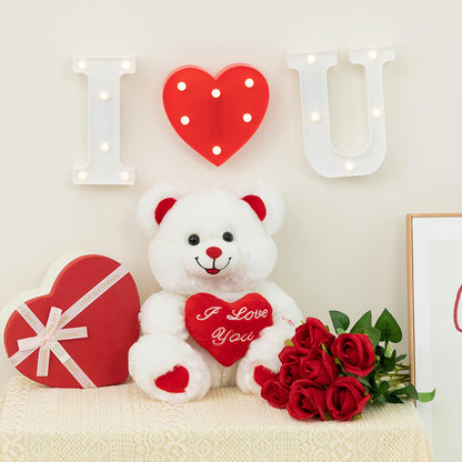 HollyHOME Teddy Bear with Heart Plush Bear That Says I Love You and Blushes LED Stuffed Toys for Girlfriend and Kids Toy Gift 13 inch White