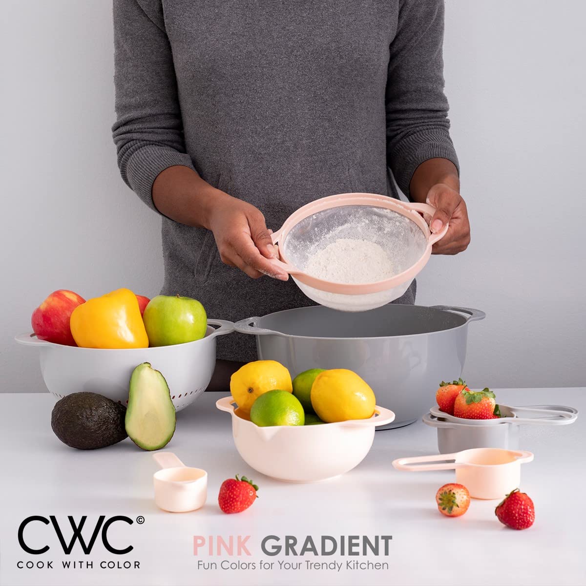 COOK WITH COLOR Nesting Bowls with Measuring Cups Colander and Sifter Set - Includes Mixing Bowls, Colander, Sifter and Measuring Cups, Pink, 8 Pc Bowl