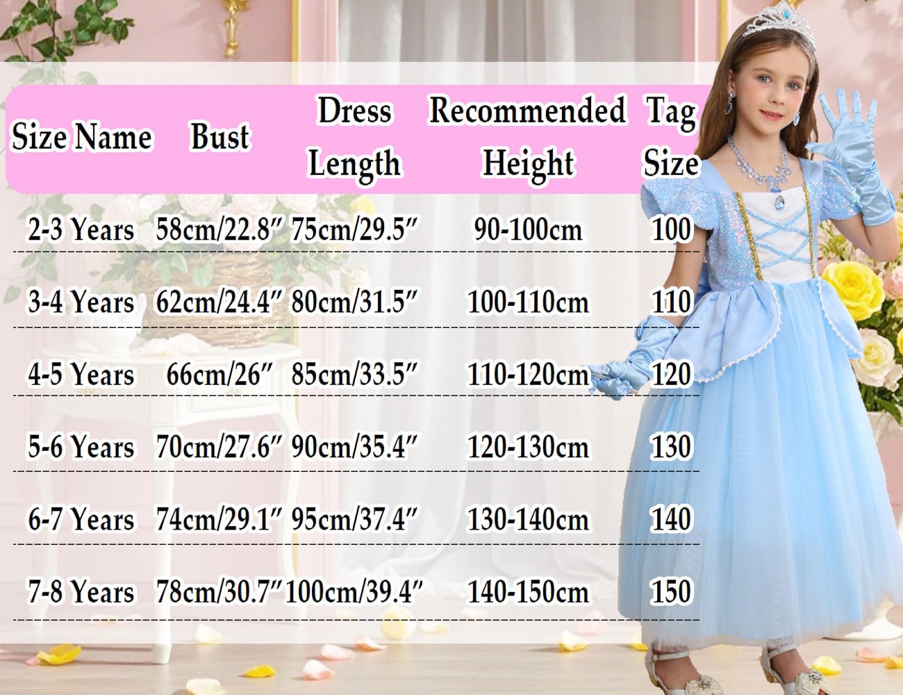 iTVTi Princess Cinderella Costume for Girls Kids Cosplay Dress Carnival Halloween Party Outfit, Blue, 5-6 Years
