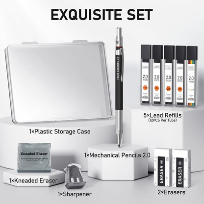 Four Candies 2MM Mechanical Pencil Set with case, Artist Led Pencil Metal Lead Holder with 60PCS Graphite Lead Refill (HB, 2H, 2B, 4B, Color) Kneaded Eraser, Sharpener for Writing, Drawing, Sketching