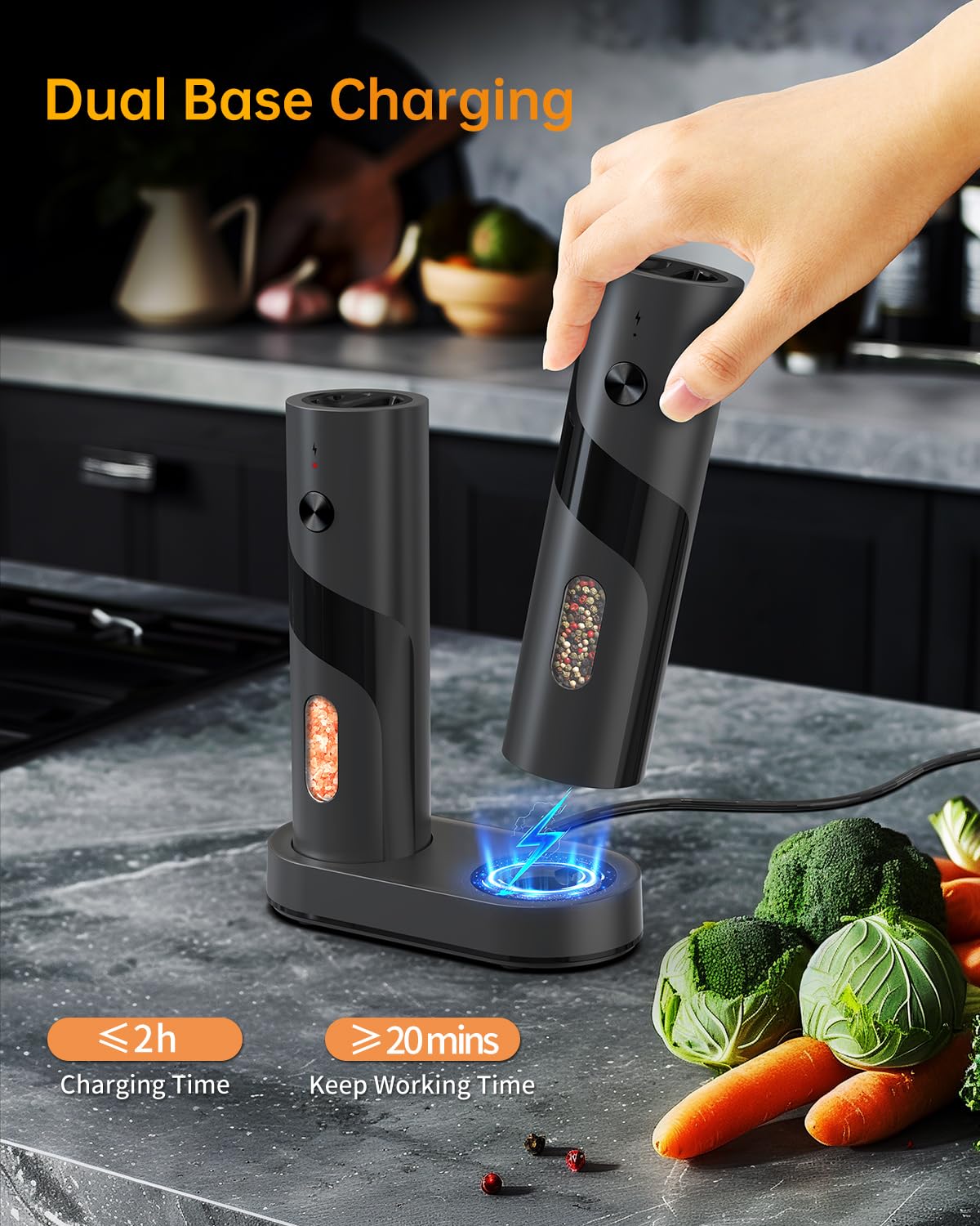 CIRCLE JOY Electric Rechargeable Salt and Pepper Grinder Set Top-Refill Automatic Pepper Mill Grinder with Charging Base, Adjustable Coarseness, Easy Filling Larger Capacity with Led for Home Kitchen