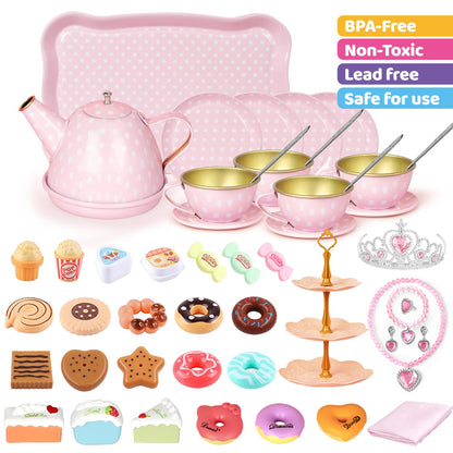 iAOVUEBY Tea Party Set for Little Girls, 49PCS Princess Tea Time Toys Including Tea Set Dessert Carrying Case, Kids Kitchen Pretend Playset, Tea Set for Girls Birthday Toddler Age 3-8, Pink