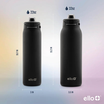 Ello Pop & Fill 32oz Stainless Steel Water Bottle with Quick Fill Technology, Double Walled and Vacuum Insulated Metal, Leak Proof Locking Lid, Sip and Chug, Reusable, BPA Free, Black