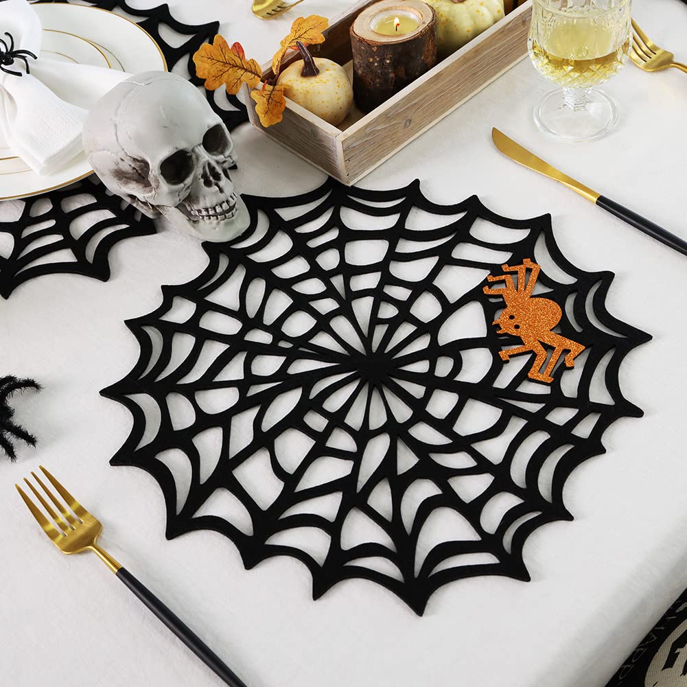 Feuille Round Halloween Placemats Set of 4 13.5 Inch Black Spider Web Placemats with Orange Glitter Felt Spider Placemats Perfect for Halloween Decorations Indoor