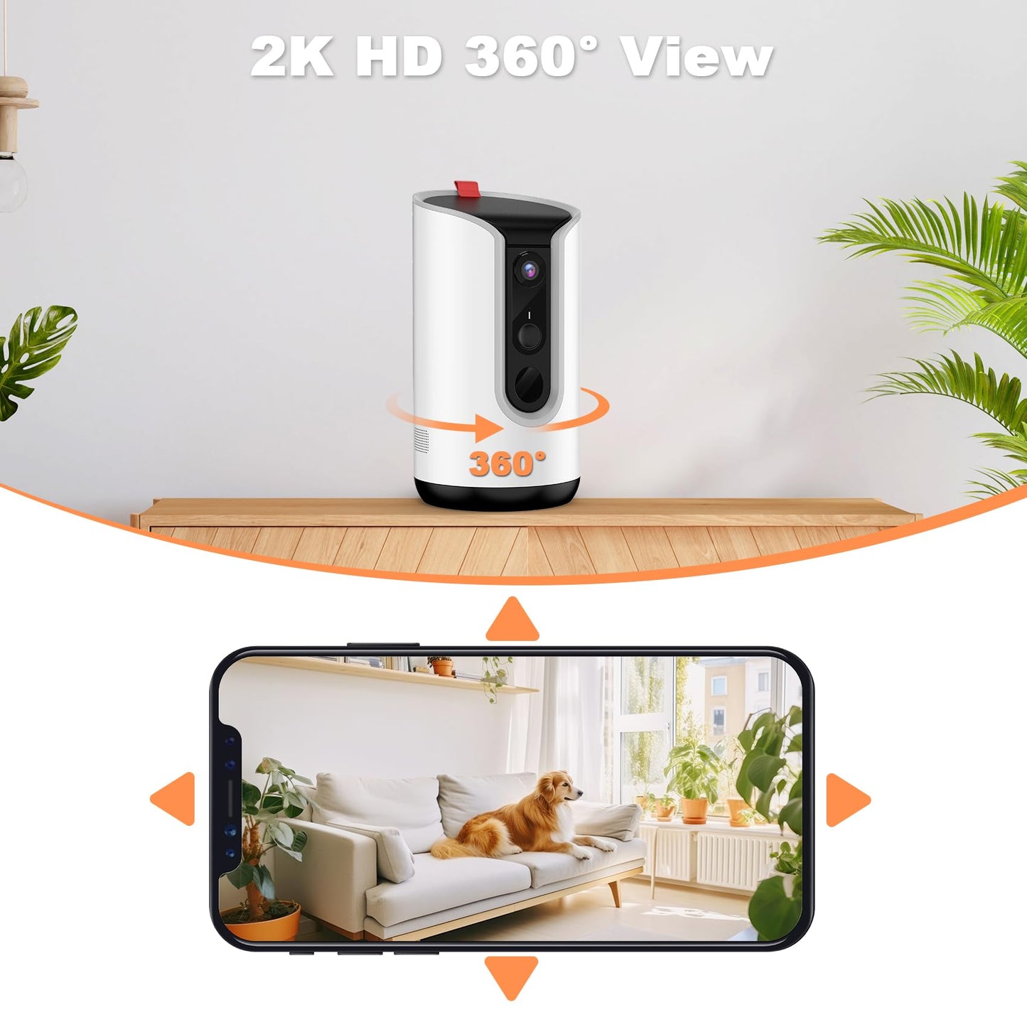 Fexfor 2K Pet Camera Security Dogs Camera, On-Device AI Tracking and Pet Monitoring, 360° View, with Treat Dispenser, Local Storage, 2-Way Audio, Phone App, Motion Alert