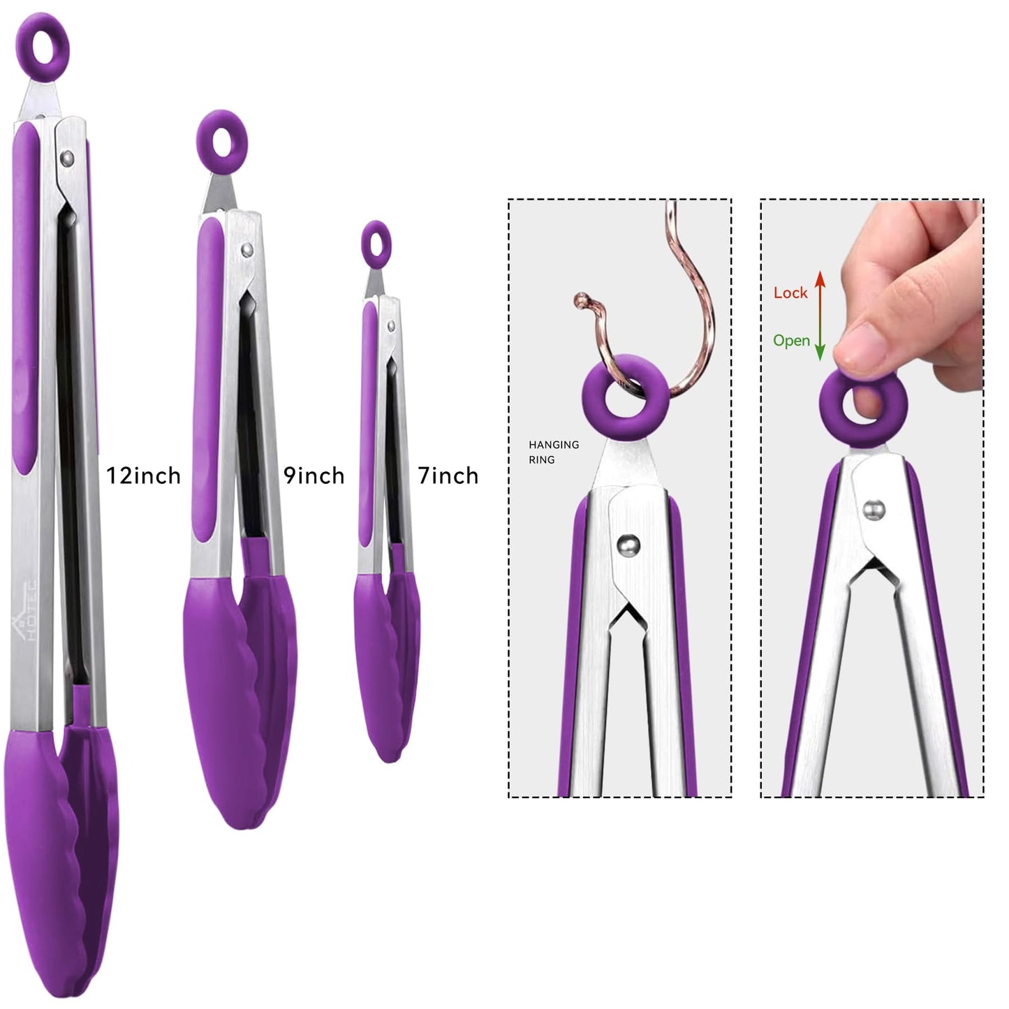 HOTEC Premium Stainless Steel Locking Kitchen Tongs with Silicon Tips, Set of 3-7", 9" and 12" (Purple)