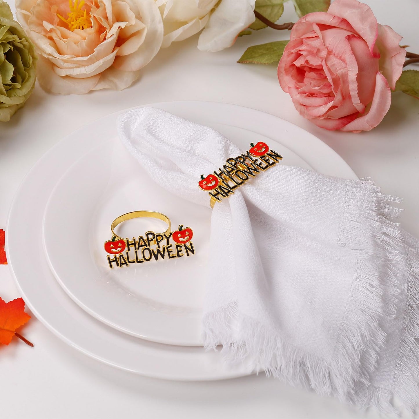 Getfitsoo Halloween Napkin Rings Set of 6, Happy Words With Orange Pumpkin Holders, Gold Metal Buckles for Party Decorations, Home Kitchen Dinner Table Setting