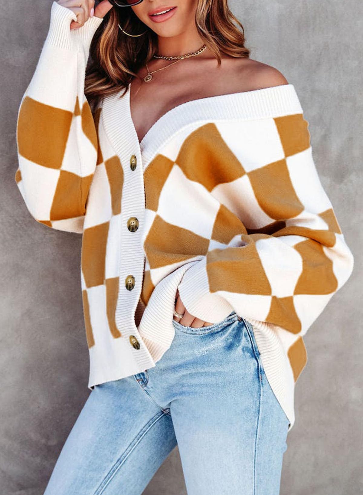 Dokotoo 2025 Early Fall Fashion Chunky Cardigan Sweaters for Women V Neck Button Up Long Sleeve Plaid Knit Sweater Casual Loose Checkered Chocolate Brown Fall Clothes Womens Cardigans Outerwear L