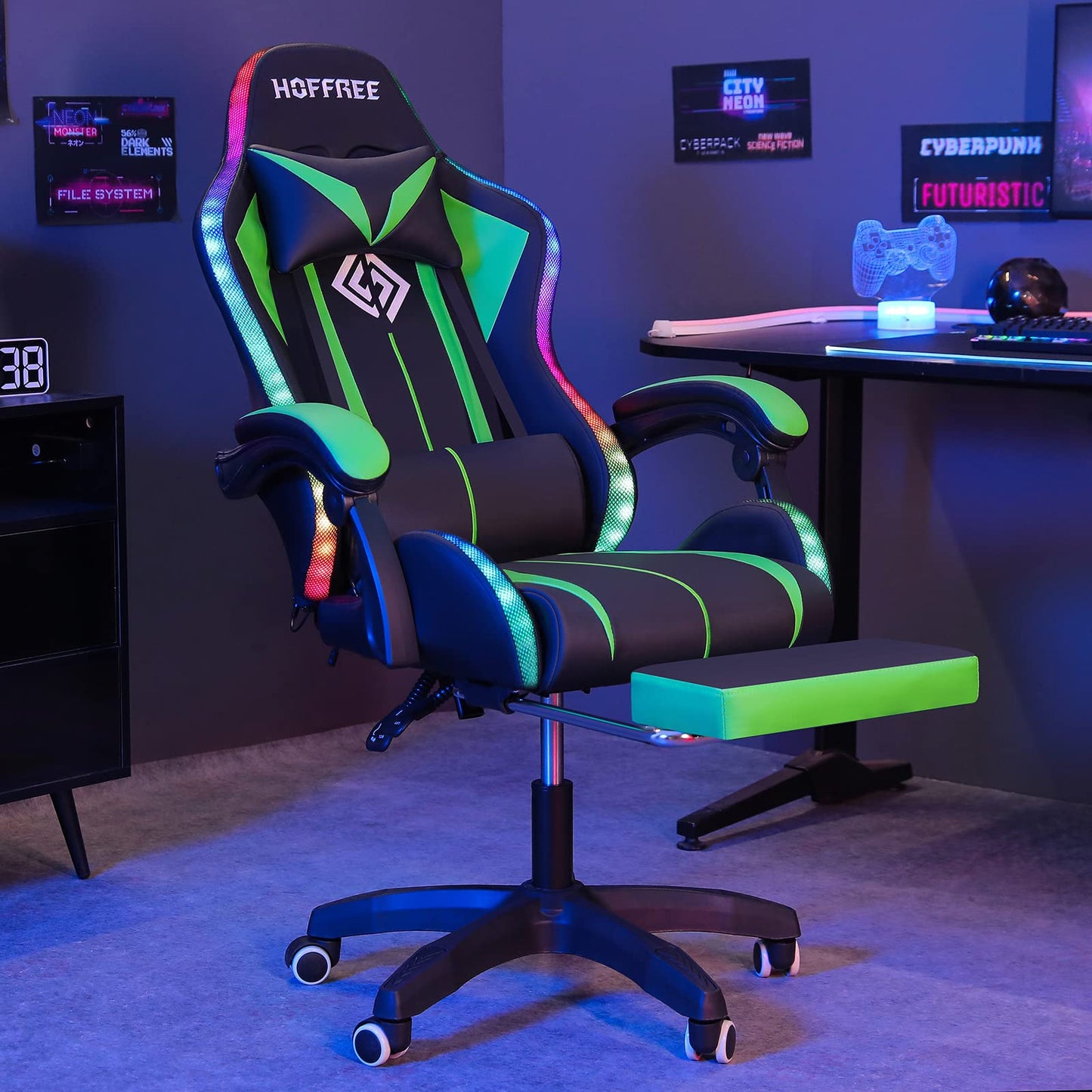 Gaming Chair Massage with Bluetooth Speakers and Lights Ergonomic Computer Game Chair with Footrest LED RGB Lights High Back Music Video Game Chair with Lumbar Support Green and Black