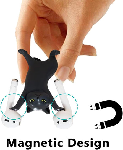 Cute Stuff Home Decor Fun Kitty Decoration for Desk Shelf Magnetic Dance Cat Airpod Holder Headphone Earbuds Holder for Apple AirPods 1& 2 3 Pro, Unique Birthday Bday Gifts Ideas (Black)