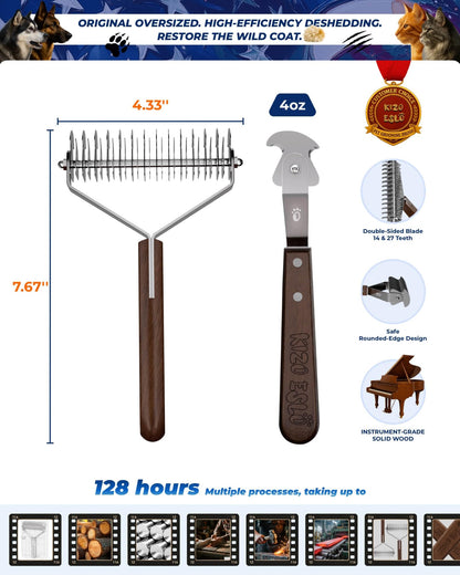 Extra Large 2-Sided Undercoat Rake for Dogs & Cats, Dog Brush for Shedding Remove Mats, Dematting Comb, Safe & Gentle Grooming Brush for German Shepherds Medium to Long-Haired Pets (Walnut Handle)