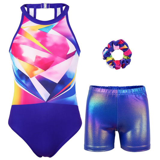 JOYSTREAM Gymnastics Leotards for Girls With Shorts Sparkly Ballet Dance Clasp Back Activewear Colorful Geometry,6-7Years