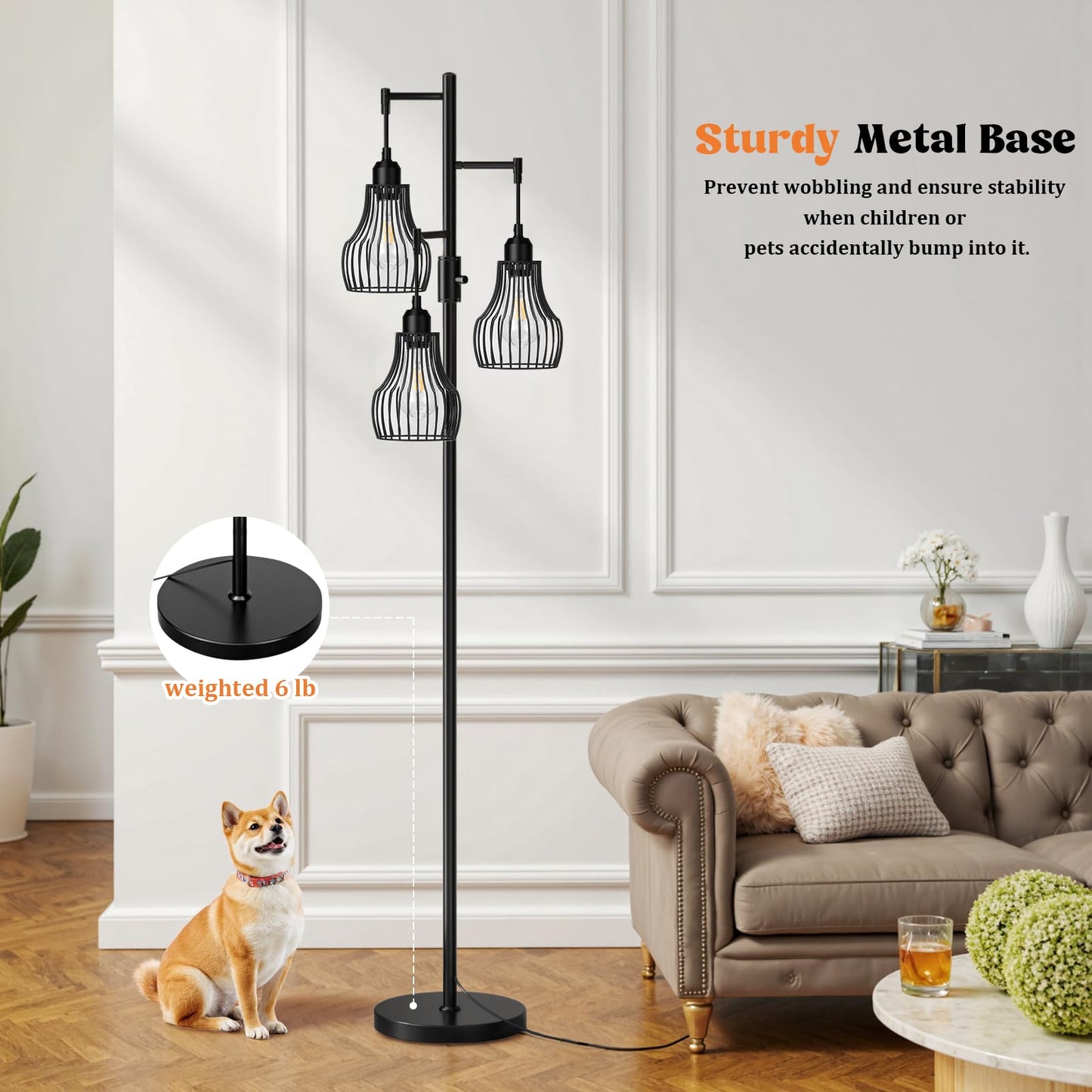Dimmable Floor Lamp, 3 x 800LM LED Edison Bulbs Included, Farmhouse Industrial Floor Lamp Standing Tree Lamp with Elegant Cage Tall Lamps for Living Room Bedroom Office - Black