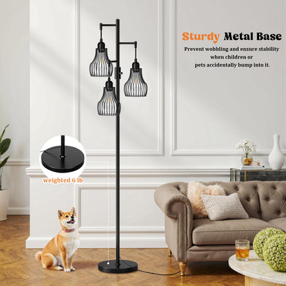 Dimmable Floor Lamp, 3 x 800LM LED Edison Bulbs Included, Farmhouse Industrial Floor Lamp Standing Tree Lamp with Elegant Cage Tall Lamps for Living Room Bedroom Office - Black