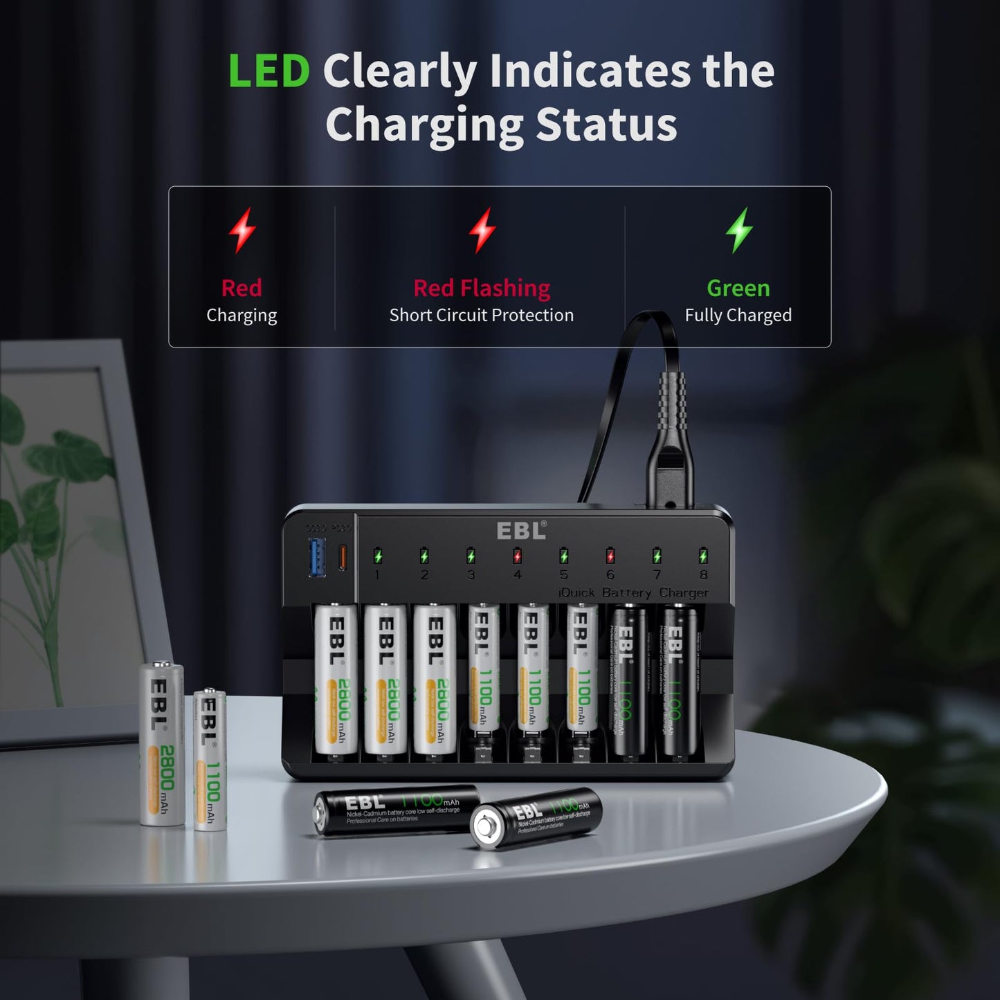 EBL 8 Bay Fast Rechargeable Battery Charger for AA AAA Ni-MH Ni-CD Batteries with PD 20W USB C and USB A Output Port
