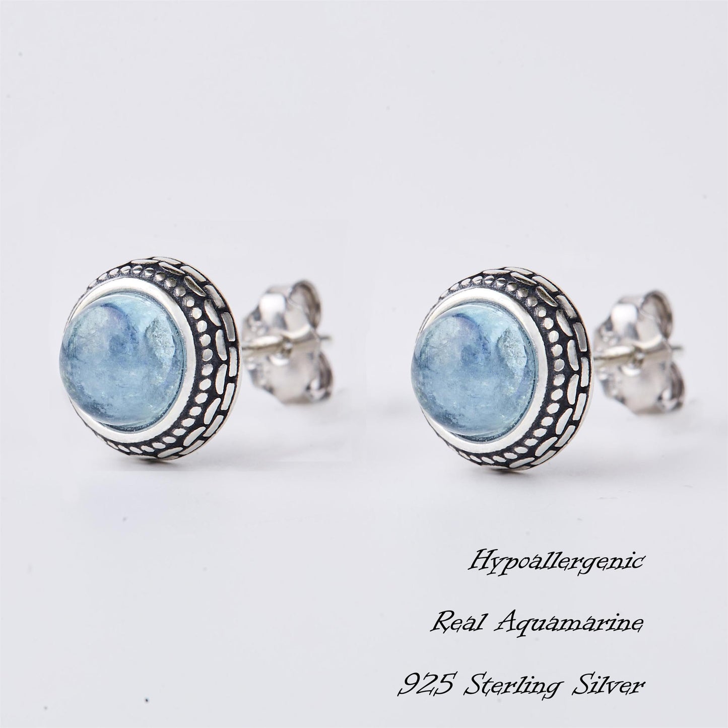 Small Genuine Blue Aquamarine 925 Sterling Silver Hypoallergenic Studs Earrings Jewelry for Women Dainty Trendy Antiqued Silver March Birthstone Gifts for Her