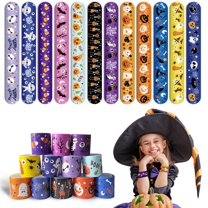 FOIMAS 48pcs Halloween Slap Bracelets, Snap Bracelet Pumpkin Witch Wristband for Kids Trick or Treat Bag Filler Party Favor Supply