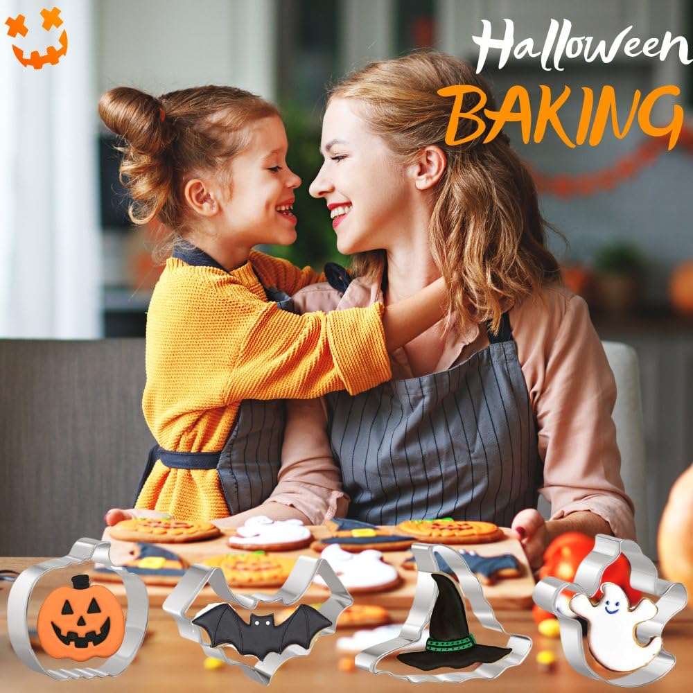 Halloween Cookie Cutters Set 16 Pieces Halloween Biscuit Cutters Shapes - Ghost, Bat, Pumpkin, Cat, Witch, Spider, Skull, Gingerbread Man, Etc. for Baking Stainless Steel