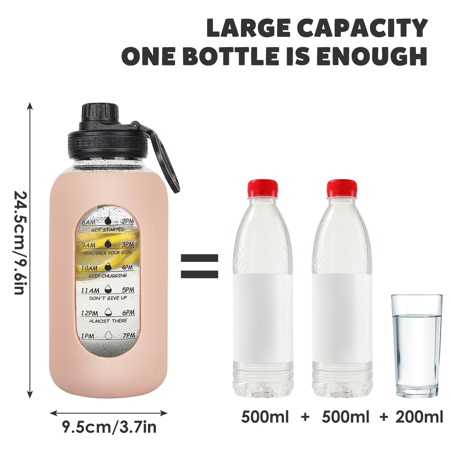 40oz Glass Water Bottle with Handle Lid Time Marker Motivational Sport Water Jug with Silicone Sleeve Water Flask Canteen Wide Mouth Water Bottle for Gym Workout Travel Office Home Everyday Hydration