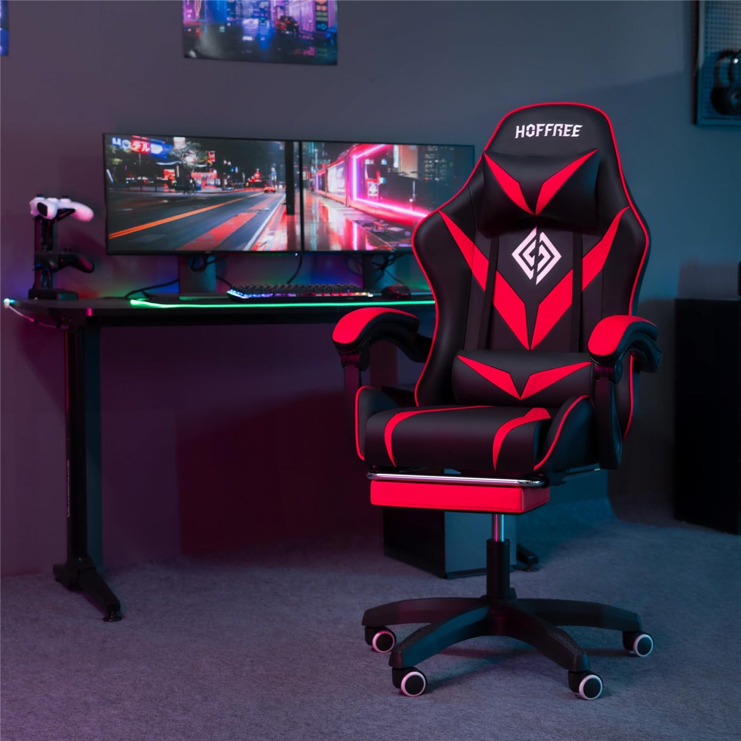 HOFFREE Massage Gaming Chair for Kids Computer Gamer Chair with Footrest and Lumbar Support Reclining PC Game Chair with Headrest for Gaming Room Red and Black