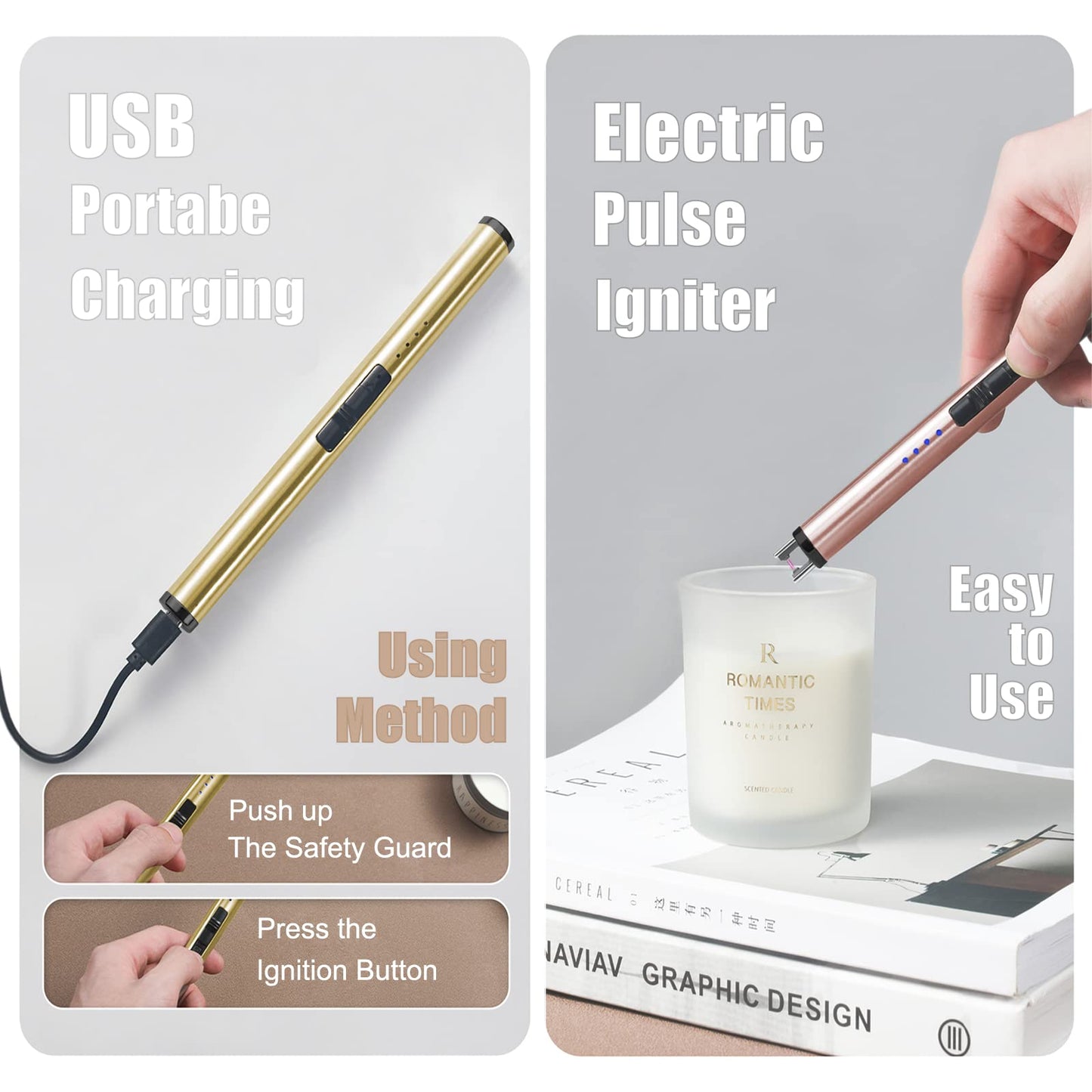 Exquisite Candle Accessories Tool Pack Bag, Rechargeable Electric Lighter， Wick Trimmer, Dipper, Snuffer and Tray Holder Elegant Kit Gift for Candle Lovers in Dating, Valentines Decor. ( Lemon Gold )