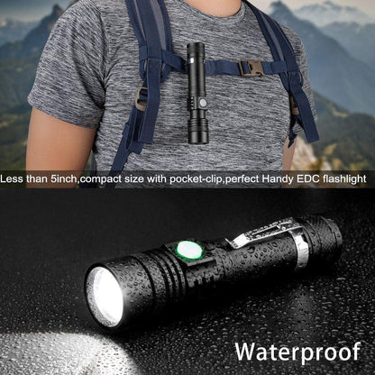 LED Tactical Flashlight Rechargeable, IPX6 Waterproof Flashlight, 2000lm, Super Bright LED, Zoomable, Pocket-Size Small LED Flashlight for Hiking, Camping, Emergency
