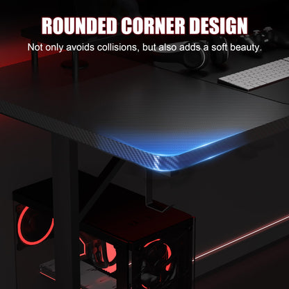 GTRACING 55 Inch Gaming Desk with LED Lights, Large Computer Desk with Mouse Pad for Home Office, T-Shaped Carbon Fibre Surface PC Game Workstations with Headphone Hook